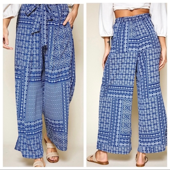 Perfee Tied Geometric Wide Leg Pants